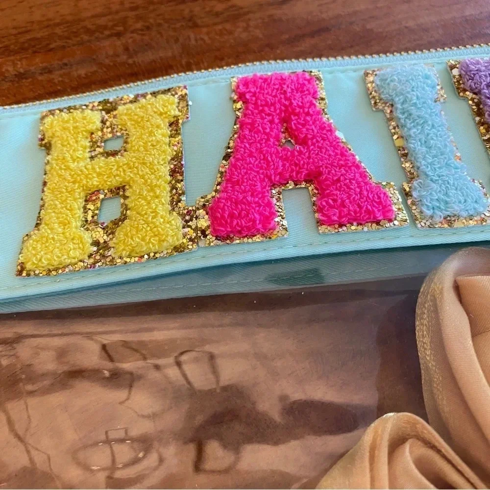 Clear Travel Pouch with Fuzzy Patch Letters Teal Green - Bag Only